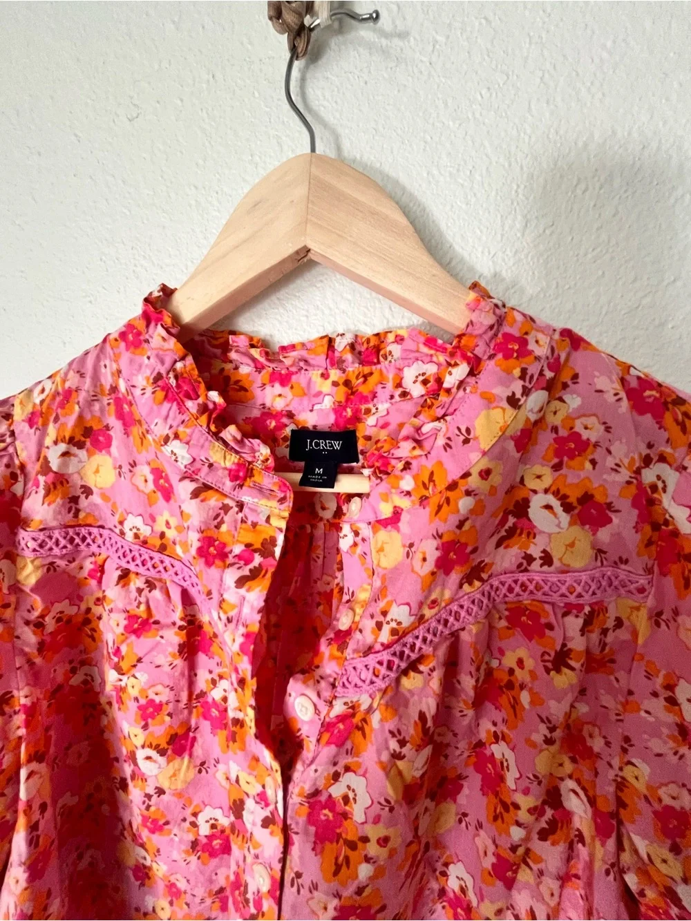 J. Crew Pink Floral Cotton Voile Blouse with Lace Insets